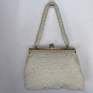 Vintage 1960s  White Beaded Handbag with Kiss Lock and Brass Hardware